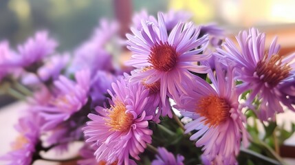Obraz premium Bouquet of purple chrysanthemums in a vase on the windowsill
