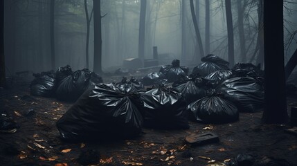A polluted forest filled with littered garbage bags