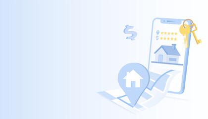 Real estate mortgage market, Searching and exploring home location map on mobile device. Flat vector design illustration with copy space.