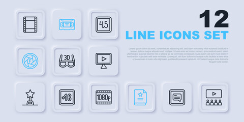 Set line Video with subtitles, Cinema auditorium screen, 3D cinema glasses, Scenario, Camera shutter, Plus 16 movie, VHS video cassette tape and Full HD 1080p icon. Vector