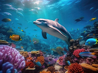 Dolphin with group of colorful fish and sea animals with colorful coral underwater in the ocean