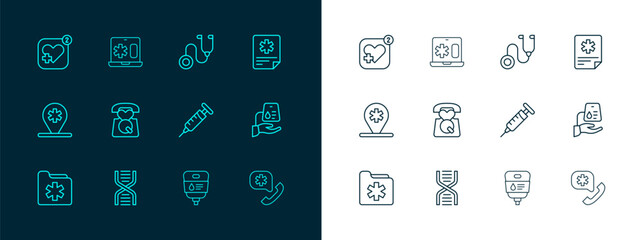 Set line Patient record, DNA symbol, Syringe, IV bag, Emergency call 911, Stethoscope, Mobile with heart rate and Clinical on laptop icon. Vector