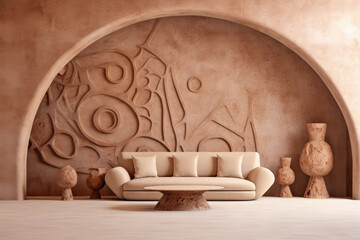 Fototapeta na wymiar Luxurious sofa in an abstract stone room. 