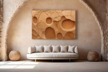 Luxurious sofa in an abstract stone room. 