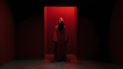 A Hooded Person in a Red Robe Approaching a Red Door in a Dark and Concrete Room, A Red Robed Figure Facing a Bright Red Door in a Dark Room Generative AI
