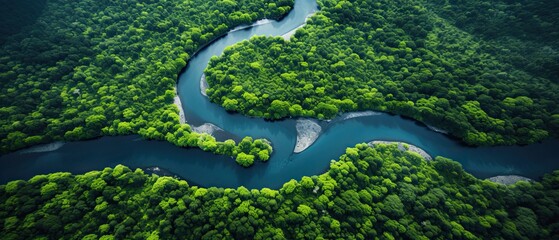 An aerial shot of a winding river meandering through a verdant rainforest, with hints of wildlife on the banks. Wallpaper texture, backgrounds graphics. Generative AI. 
