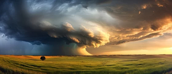 Fotobehang The dramatic clash of thunderclouds over an open prairie, with a bolt of lightning illuminating the scene, showcasing nature's raw power. Background, wallpaper, book cover, card. Generative AI.  © Dannchez