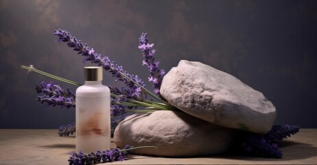 Bottle of essential oil or lotion on a next to rocks