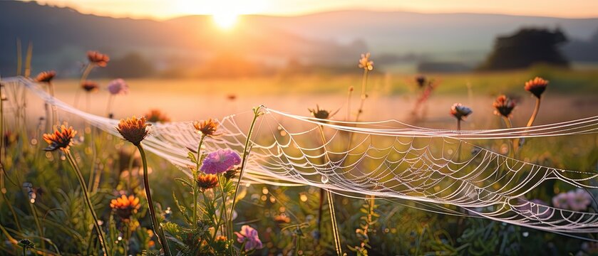 The serene beauty of a fog-covered meadow at dawn, with dewdrops glistening on spiderwebs and wildflowers. Background, wallpaper, card. Generative AI. 
