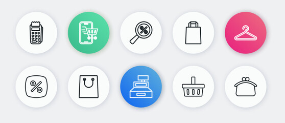 Set line Cash register machine, Hanger wardrobe, Discount percent tag, Shopping basket, Paper shopping bag, Magnifying glass with, Wallet and icon. Vector