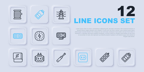 Set line Electric extension, Battery charge, Lightning bolt, Electrical outlet, Tee plug electric, and Screwdriver icon. Vector