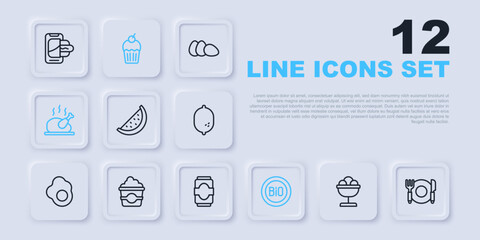Set line Ice cream in the bowl, Plate, fork and knife, Watermelon, Banner bio, Roasted turkey chicken, Popcorn cardboard box, Muffin and Soda can icon. Vector