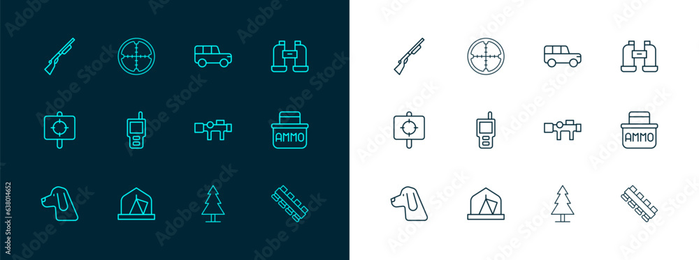 Sticker Set line Binoculars, Tourist tent, Sniper optical sight, Tree, Walkie talkie, Safari car, Hunting gun and icon. Vector