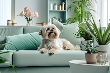 Chic Scandinavian living room in a modern apartment with a mint sofa design coffee table furniture, plants, and beautiful accessories. A cute dog is cuddled up on the couch. Furnishings for the home.