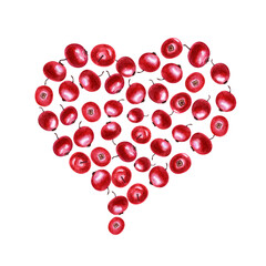 Fresh juicy cranberries laid out in the shape of heart. Red berries isolated in white. Top view. For invitation, cards, greetings, package design, advertising posters, labels