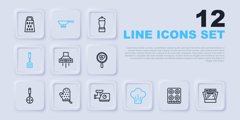 Set line Gas stove, Oven, Kitchen extractor fan, Chef hat, Spatula, glove, Frying pan on fire and meat grinder icon. Vector