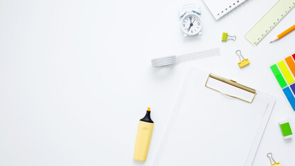 Mockup notebooks and set of stationery for work and study on white background. Back to school. Top view, flat lay, copy space