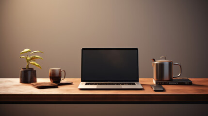 A minimalist desk setup with a laptop, notebook, and coffee cup