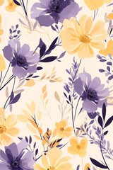 modern floral design on a yellow background, soft watercolours, muted colours, light navy and light magenta, floral accents, mid-century