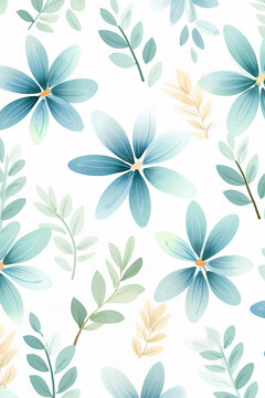 cute little flower wallpaper with some large leaves scattered on white, in the style of teal and sky-blue, dark teal and light pink, marguerite blasingame, cute cartoonish designs, translucent color, 