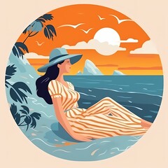 Woman in a stripped dress relaxing at the beach, the sea in the distance sunset in the frame, summer vibes, marketing medallion