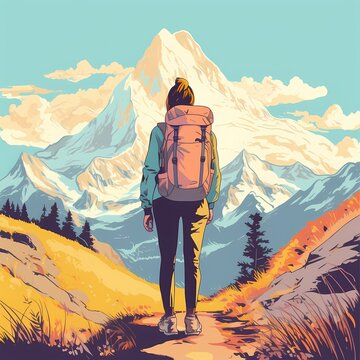 A Woman Hitchhiking In The Mountains With A Travel Backpack And Ready For The Great Adventure, Mountains In The Background Forests In Sight, Clean Marketing Background