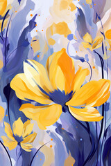 yellow and purple floral pattern, in the style of digital painting, light orange and dark blue, flowing fabrics, vibrant color choices, brushstroke fields