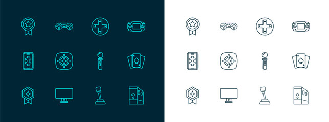 Set line Portable video game console, Computer monitor, VR controller, Gear shifter, Target sport, Game joystick, rating with medal and icon. Vector