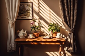 A wooden shelf table with a template and a photo frame. There is a potted houseplant, a watch, a cup of tea or coffee, and a saucer. The sunshine from the window throws shadows, and there is also a