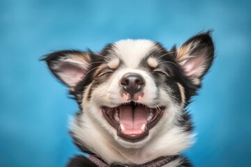 A cute stance of a border collie puppy becoming silly and passionate. An animal on a blue background