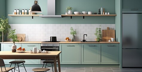 a kitchen with green tiled walls is in a blue and white kitchen with tools on the counter Generative AI