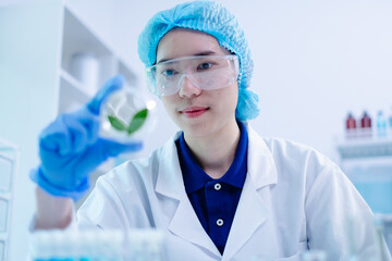 Focused female scientist in laboratory hold plant leaf sample for analysis on biochemistry and...