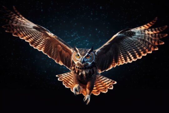 Be careful. a photo of a European eagle owl soaring through the night. A stock photo
