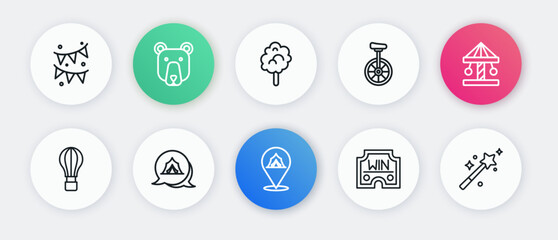 Set line Circus tent, Attraction carousel, Hot air balloon, Casino win, Unicycle, Cotton candy, Magic wand and icon. Vector © Iryna