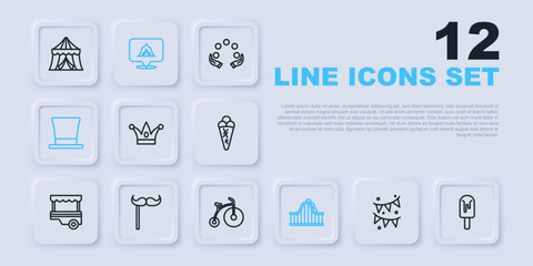 Set line Carnival garland with flags, Ice cream, Jester hat bells, Roller coaster, Cylinder, Paper mustache on stick, Circus tent and Vintage bicycle icon. Vector