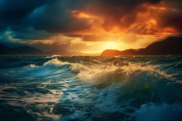 Obraz premium Sea Storm view, waves with foam in storm, seascape, sea or ocean under dark blue clouds, turquoise colour of water. Mountains coastline. Big Waves.