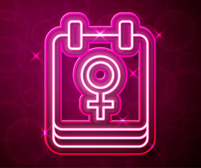 Glowing neon line Calendar with 8 March icon isolated on red background. International Happy Women Day. Vector