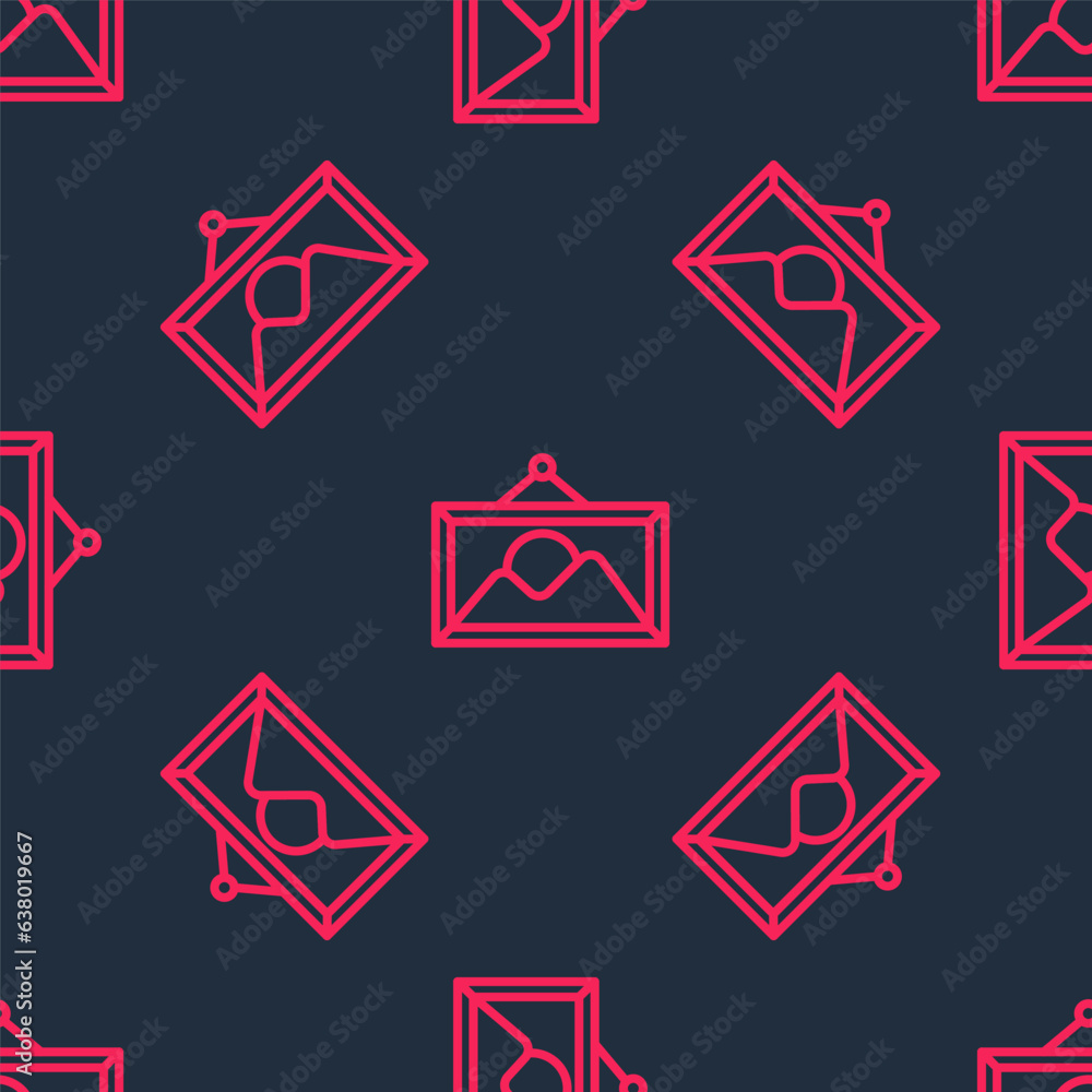Poster red line picture landscape icon isolated seamless pattern on black background. vector
