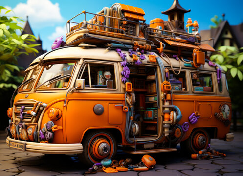 An orange van with a rooftop full of miscellaneous items