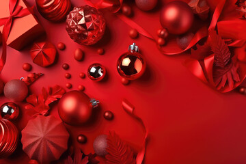 Fashionable New Year's background, card or postcard. Christmas and celebration. Gifts, snowflakes and Christmas tree. red colors and balls. Generative AI