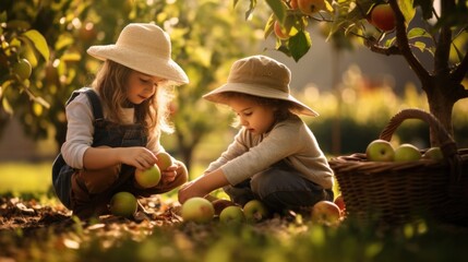 Two little girls picking apples from a tree