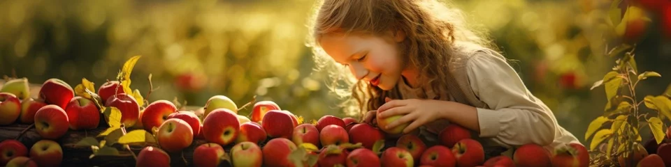 Crédence de cuisine en verre imprimé Prairie, marais A young girl picking apples from a field