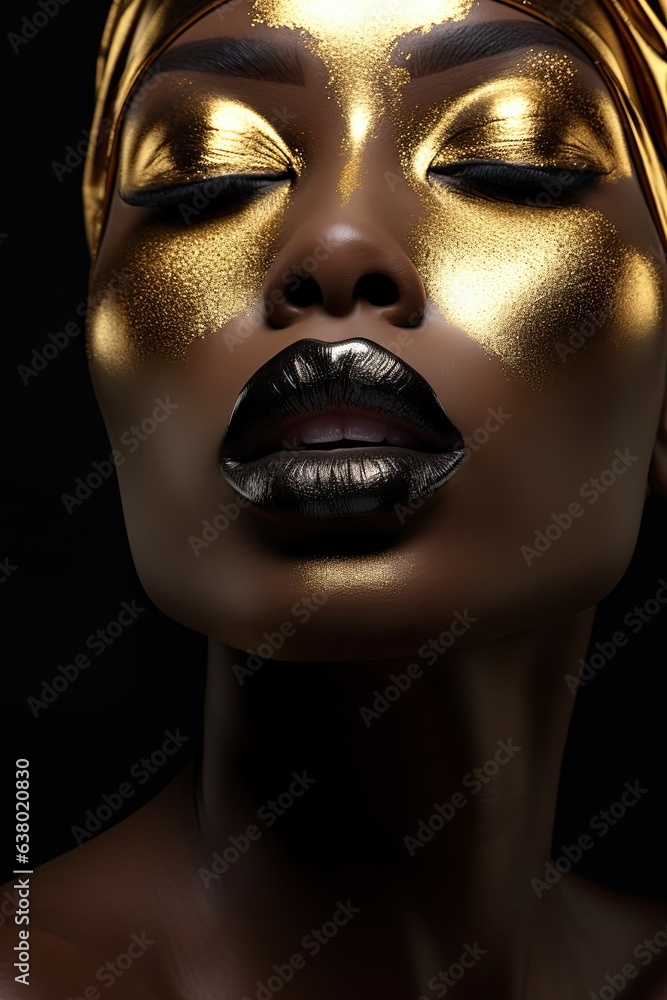 Wall mural face of black model with gold colors, image for graphic resources, flyers, posters, fashion