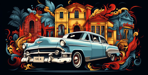 "Nostalgic Beauty: Classic American Cars in Cuban Landscapes - Artwork Collection"