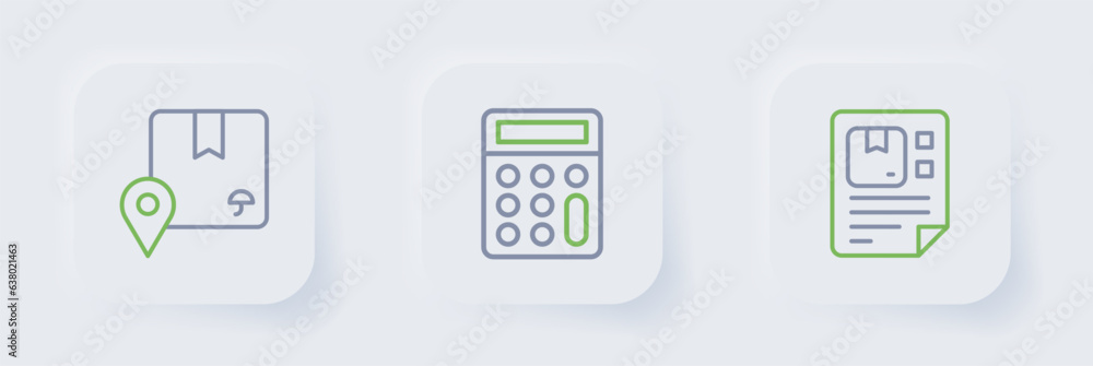 Poster set line waybill, calculator and location with cardboard box icon. vector