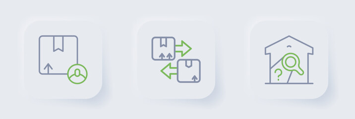 Set line Warehouse check, Cardboard box with traffic symbol and Carton cardboard icon. Vector