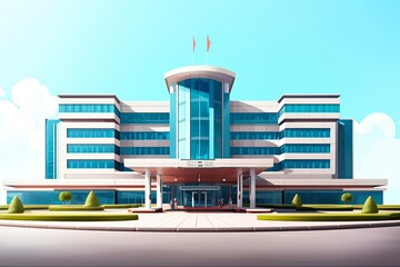 Brick Medical Building. The Main Entrance to the Modern Corporate Facility for Medicals: A Headquarter and Property for the Business Clinics. Generative AI