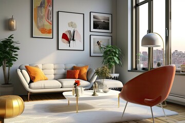 A fashionable armchair, a lovely gold coffee table, faux poster frames, flowers in vases, and other decorative touches can be found in this modern living room. Template