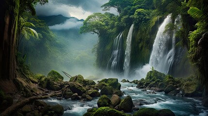 Discovering the Beauty of La Fortuna Falls: A Captivating Waterfall Landscape in Costa Rica. Generative AI - obrazy, fototapety, plakaty