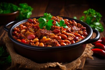 Cowboy Beans Casserole: Spicy Ground Beef and Bacon Barbecue Beans in a Tasty Green Bowl (Vegetarian Option). Generative AI